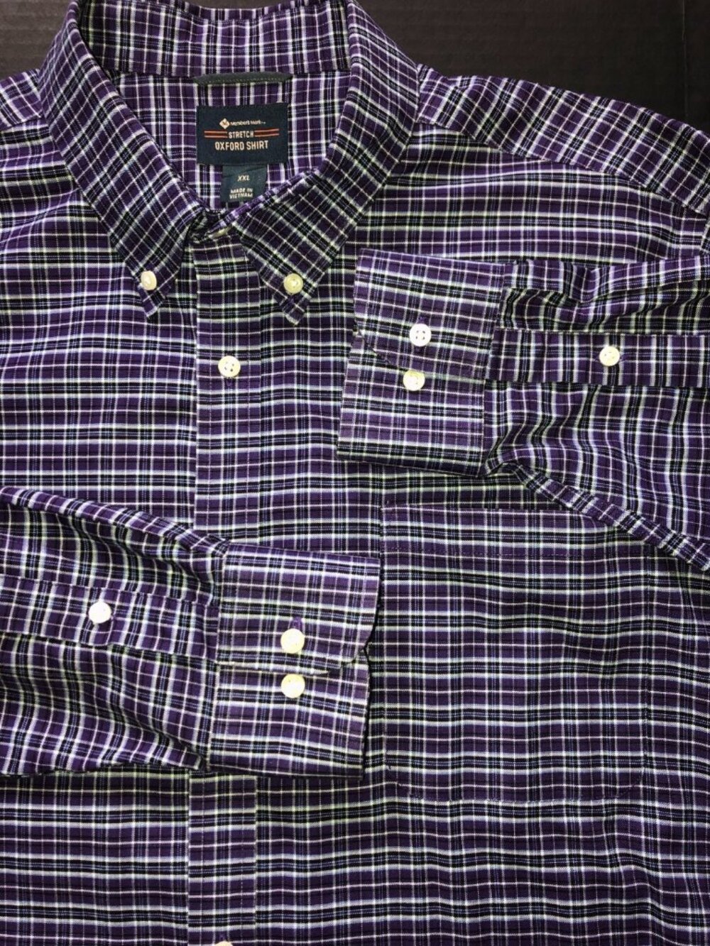 Members Mark Mens XXL Stretch Oxford Purple Checkered Pattern Long Sleeve Shirt